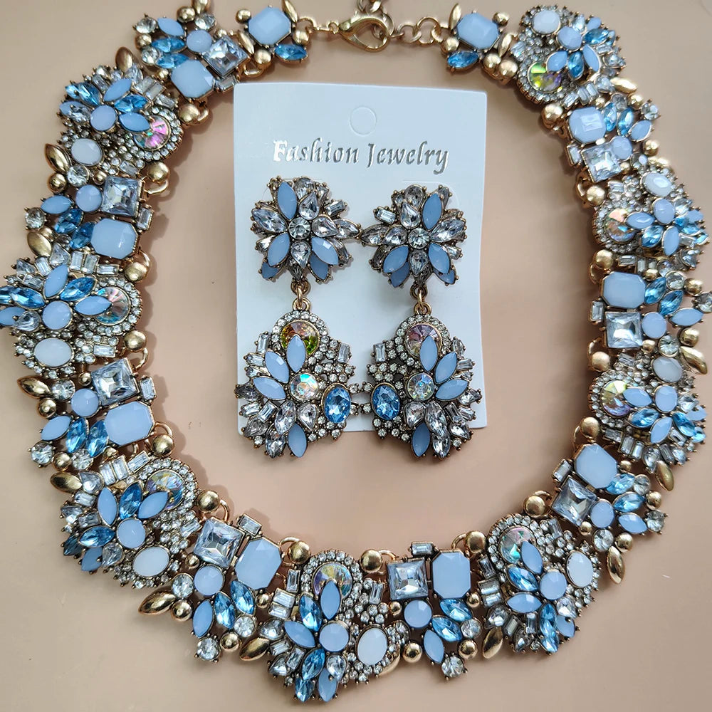 Elegant Jewellery Gifts for Her Women's Vintage Statement Earrings and Large Crystal Rhinestone Choker Necklace Jewelry Set