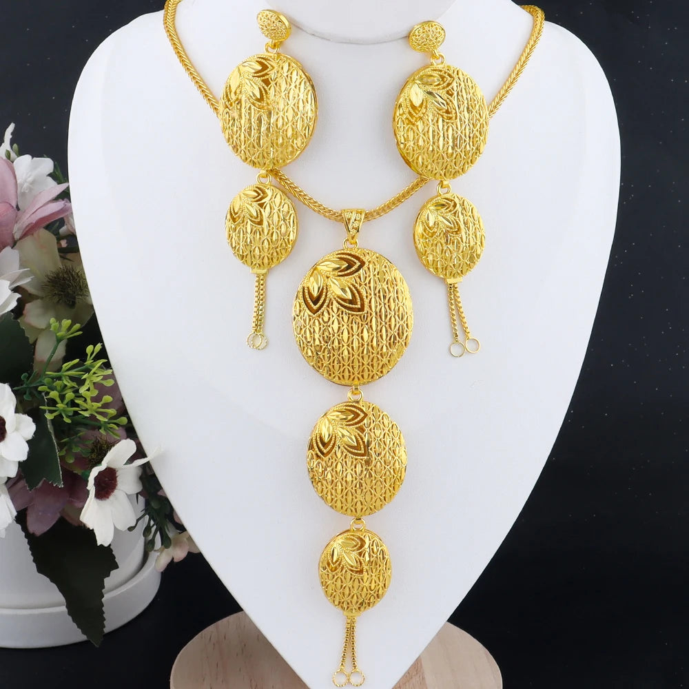 Luxury Indian Gold Color Jewellery Set Fashion Earrings Necklace Set Gift For Women Dubai Arabic Gifts For Wedding Bridal Party