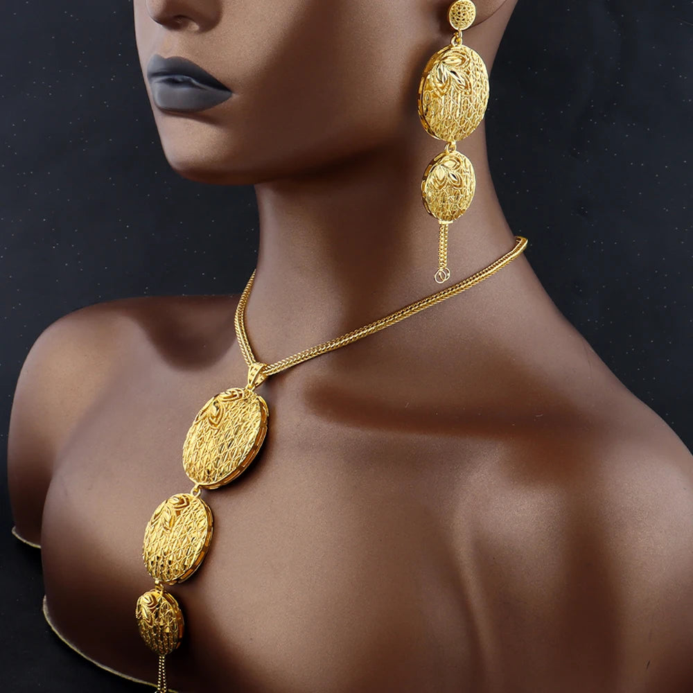 Luxury Indian Gold Color Jewellery Set Fashion Earrings Necklace Set Gift For Women Dubai Arabic Gifts For Wedding Bridal Party
