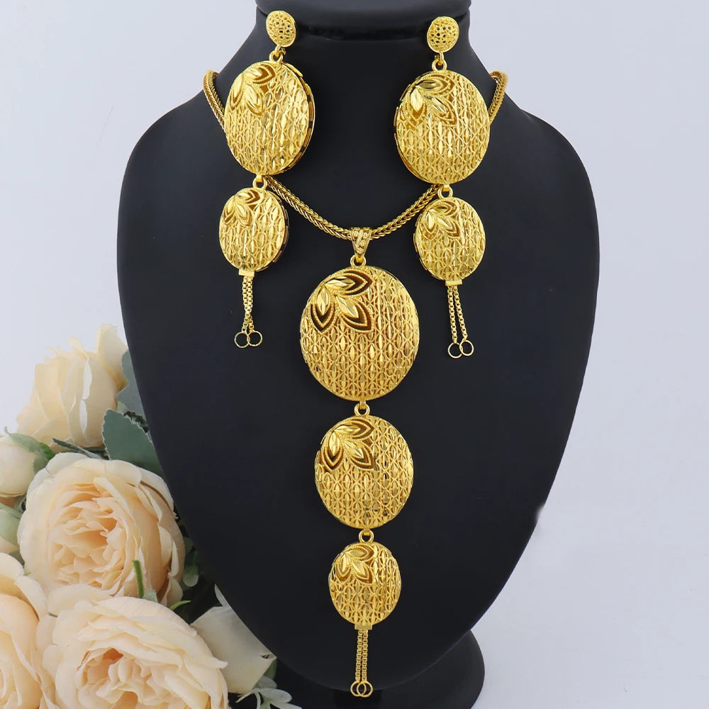 Luxury Indian Gold Color Jewellery Set Fashion Earrings Necklace Set Gift For Women Dubai Arabic Gifts For Wedding Bridal Party