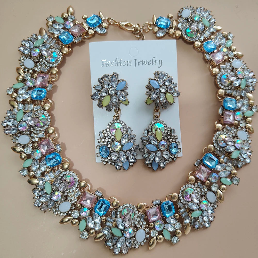 Elegant Jewellery Gifts for Her Women's Vintage Statement Earrings and Large Crystal Rhinestone Choker Necklace Jewelry Set