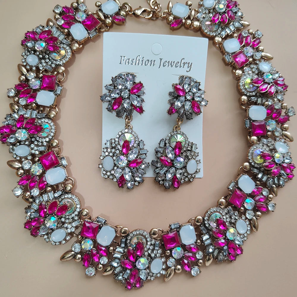 Elegant Jewellery Gifts for Her Women's Vintage Statement Earrings and Large Crystal Rhinestone Choker Necklace Jewelry Set