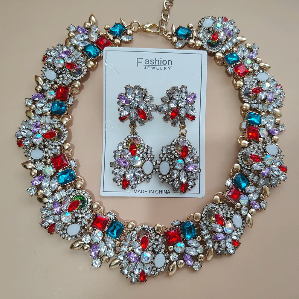 Elegant Jewellery Gifts for Her Women's Vintage Statement Earrings and Large Crystal Rhinestone Choker Necklace Jewelry Set