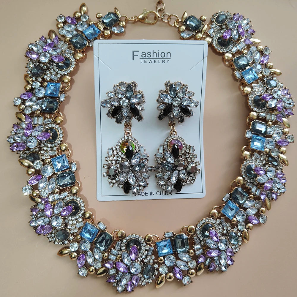 Elegant Jewellery Gifts for Her Women's Vintage Statement Earrings and Large Crystal Rhinestone Choker Necklace Jewelry Set